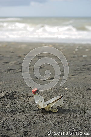 Plastic trash stranded on a Mediterranean beach Stock Photo