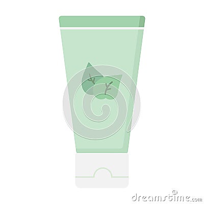 Plastic tube for cosmetic products for skin care like cleansing gel or foam, cream or lotion. Decorated with green leaves Vector Illustration