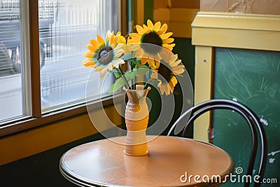 a plastic vase with faux sunflowers on a small bistro table in a caf corner Stock Photo