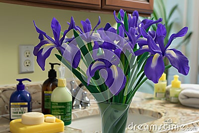 a plastic vase of purple plastic irises on a bathroom vanity next to hand soaps Stock Photo