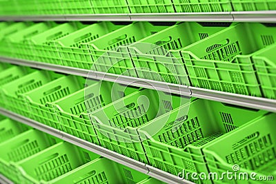 Plastic vegetable and fruit crates in a row on supermarket shelves Cartoon Illustration