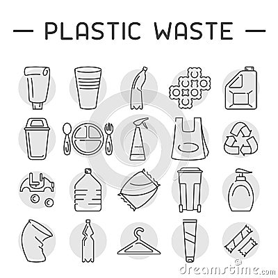 Plastic waste icons set Vector Illustration