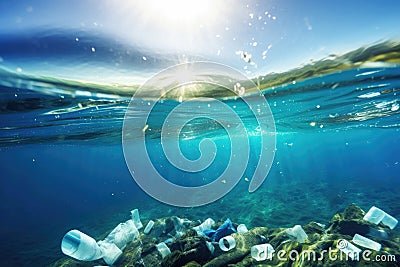 Plastic waste, litter and garbage pollute underwater ocean, Generative AI Stock Photo