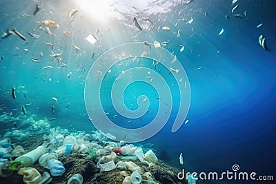 Plastic waste, litter and garbage pollute underwater ocean, Generative AI Stock Photo