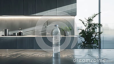 a plastic water bottle placed on a table against the backdrop of a modern kitchen, envisioning the house of the future. Stock Photo