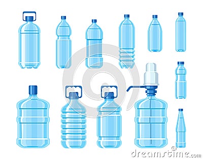 Plastic water bottle set containers of different capacities Vector Illustration