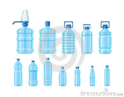 Plastic water bottle set containers of different capacities Vector Illustration