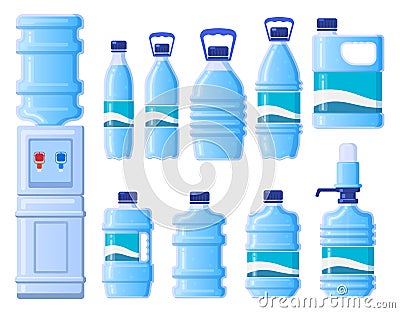 Plastic water bottles. Cooler water bottle packaging, plastic bottled liquid beverage. Bottle containers isolated vector Vector Illustration