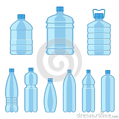 Plastic water bottles. Flat containers different capacities for liquids, beverages advertisement service delivery water Vector Illustration