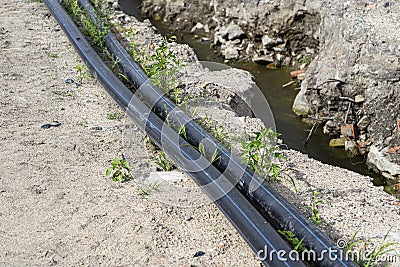 Plastic water pipe lying along the ditch with high groundwater, water connection in the housing estate. Stock Photo