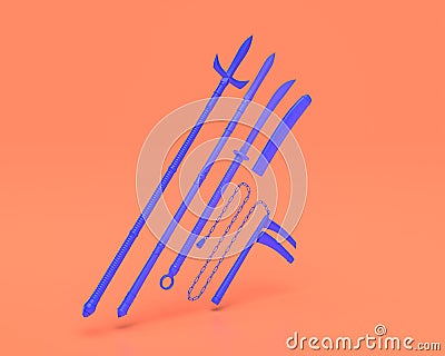 Plastic Weapon series, Japanese traditional weapons, Indigo blue arm in pinkish background, 3d rendering, war, battle and self Stock Photo