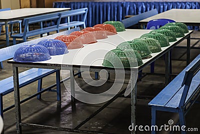 Plastic weaving cover food on bench Stock Photo