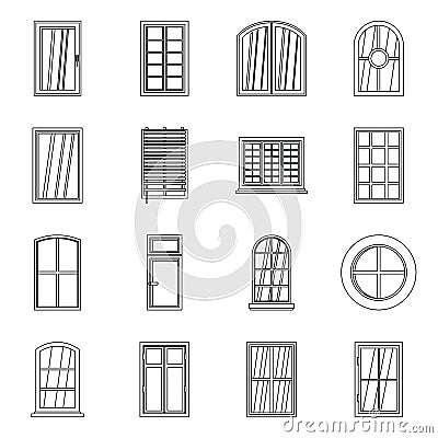 Plastic window forms icons set, outline style Vector Illustration