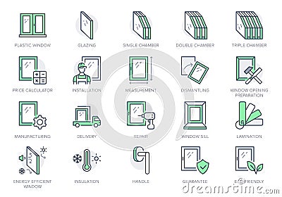 Plastic window line icons. Vector illustration include icon - double glazed, handyman, worker, measurement, installation Vector Illustration