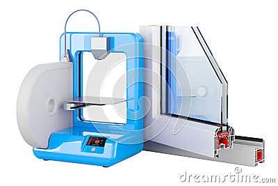 Plastic window profile with 3D printer, 3D rendering Stock Photo