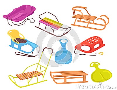 Plastic wooden snow sleigh and sledges equipment for winter fun entertainment vector illustration Vector Illustration