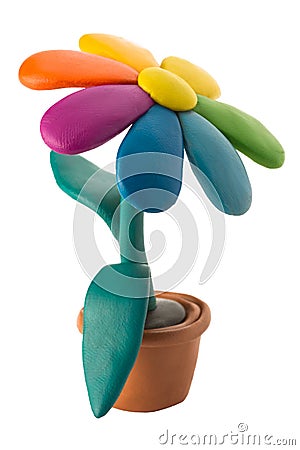 Plasticine colorful flower with leaves in brown pot Stock Photo