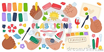 Plasticine flat icons set. Creative hobby. Handicraft. Making different figures by hands. Colorful sculptures Vector Illustration
