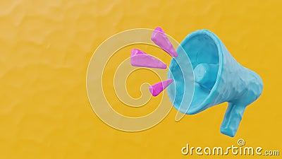 Plasticine style blue megaphone on yellow background. Advertising or promotion banner concept. 3D rendering. Stock Photo