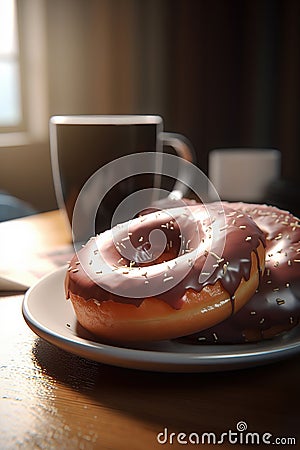 A plate of American donuts with chocolate frosting. Stock Photo