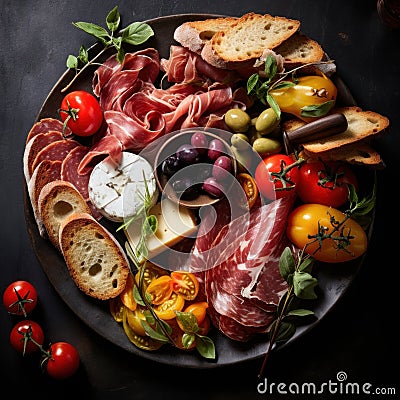 plate of antipasto, featuring a variety of cured meats, cheeses, marinated vegetables, and crusty bread by AI generated Stock Photo