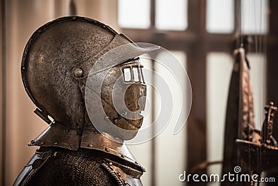 Plate armour medieval armor, armed fighter profile. Historical type of personal body armour made from bronze, iron or steel Stock Photo