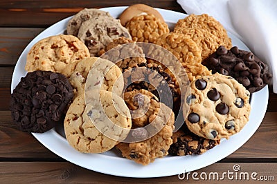 plate of assorted cookies, including chocolate chip, oatmeal raisin and peanut butter Stock Photo