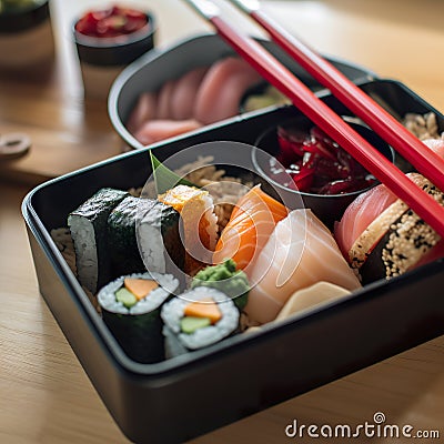 Plate with assorted japanese sushi. Japanese bento sushi and soba Cartoon Illustration