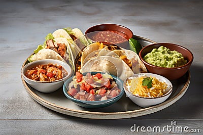 plate of assorted tacos, burritos, and nachos with spicy salsa and fresh guacamole Stock Photo
