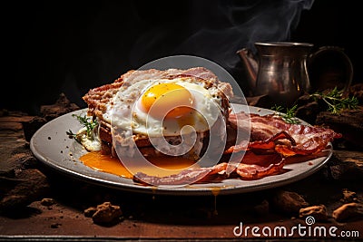 a plate with bacon eggs and a fried egg on it Stock Photo