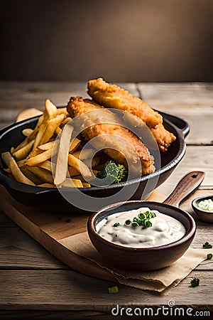 A plate of battered fish and chips with a side of tartar sauce. Stock Photo