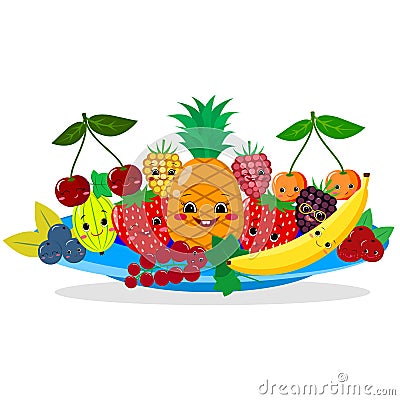 Plate with berries and fruits for vegans. Vector Illustration