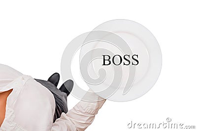 Plate with boss word in the waitress hand on the white background. Top view. Concept. Stock Photo