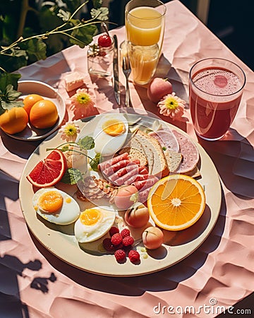 a plate of breakfast foods on a pink table Stock Photo