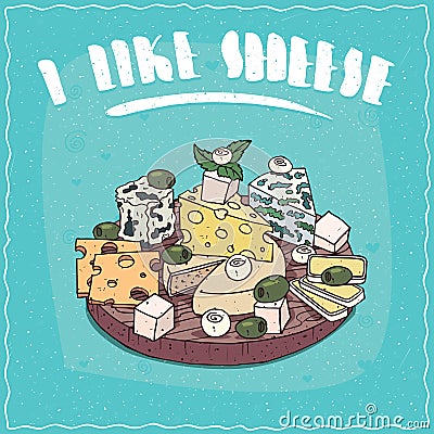 Plate with bunch of different cheeses Vector Illustration