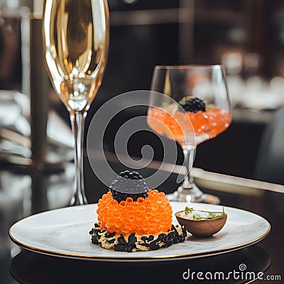 A plate with canape with red caviar and black caviar on a resatuarant table with a glass of champagne, close up. Gourmet food, Stock Photo