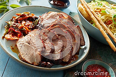 Plate of carved sliced Chinese char siu Stock Photo