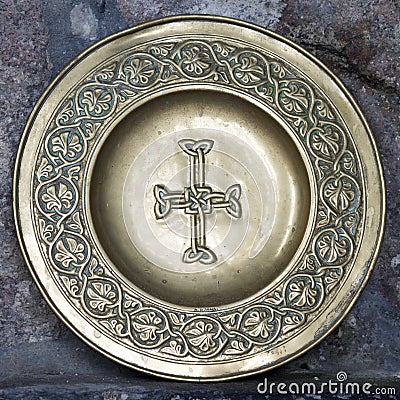 Plate with celtic cross Iona Abbey, Scottish town, Scotland Stock Photo