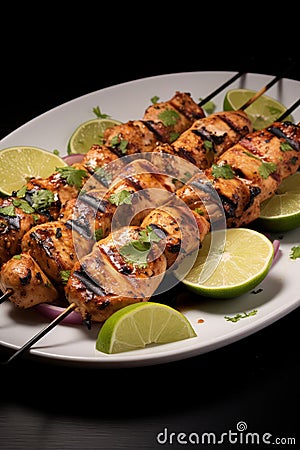 a plate of chicken skewers and limes Stock Photo