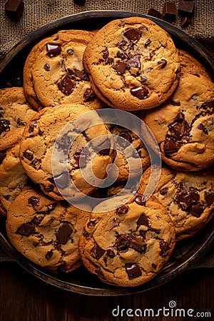 Plate of chocolate chip cookies on the table. Close up, top view. Homemade pastries. AI generated Stock Photo