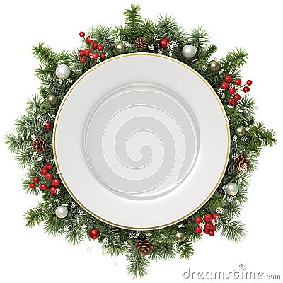 Plate in a Christmas wreath. Stock Photo