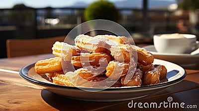 A plate of churros on a wooden surface. Generative AI. Stock Photo