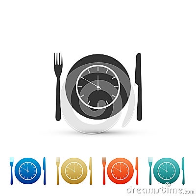 Plate with clock, fork and knife icon isolated on white background. Lunch time. Eating, nutrition regime, meal time and Vector Illustration