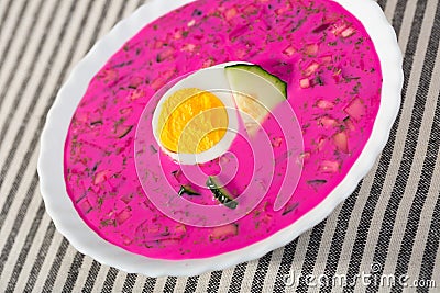 Plate with cold borscht is refreshing dish Stock Photo