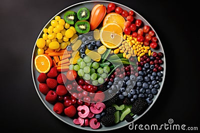 plate of colorful fruits and vegetables, symbolizing variety of vitamins and minerals Stock Photo