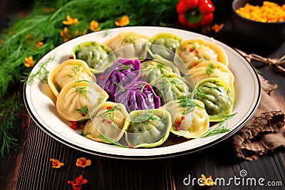 a plate of colorful polish pierogi dumplings garnished with herbs Stock Photo