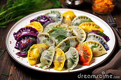 a plate of colorful polish pierogi dumplings garnished with herbs Stock Photo