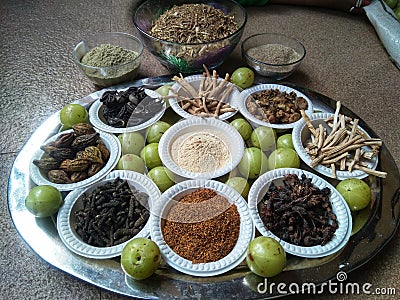 A plate containing ayurvedic medicinal dry herbs, collected for making medicinal formulation. Martynia annua, terminalia chebula, Stock Photo