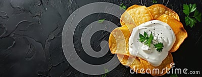 Plate of Potato Chips With Sour Cream and Parsley Stock Photo