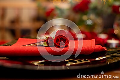 Horizontal photo close-up plate decorated with rosebuds for a romantic dinner Stock Photo